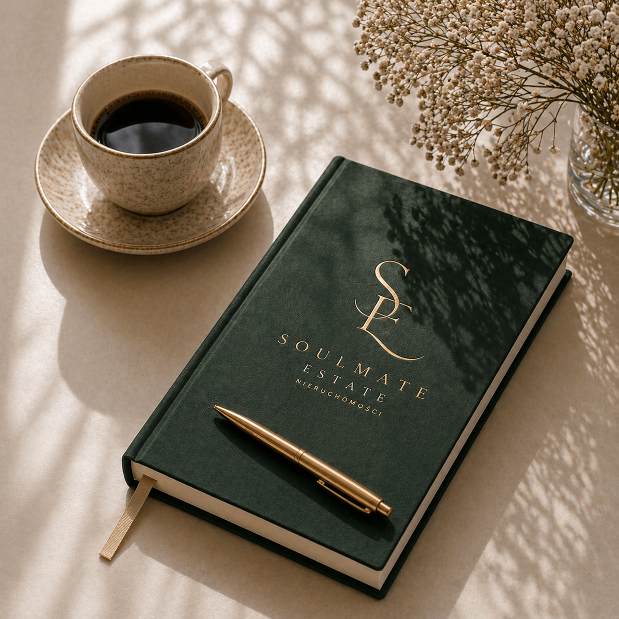 Soulmate Estate - estetyczny kadr marki z notesem, kawą i kwiatami